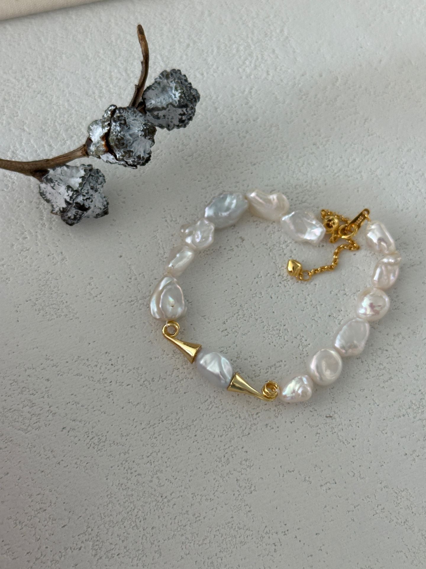 Natural baroque pearl mustache sterling silver gold-plated bracelet (long bracelet)