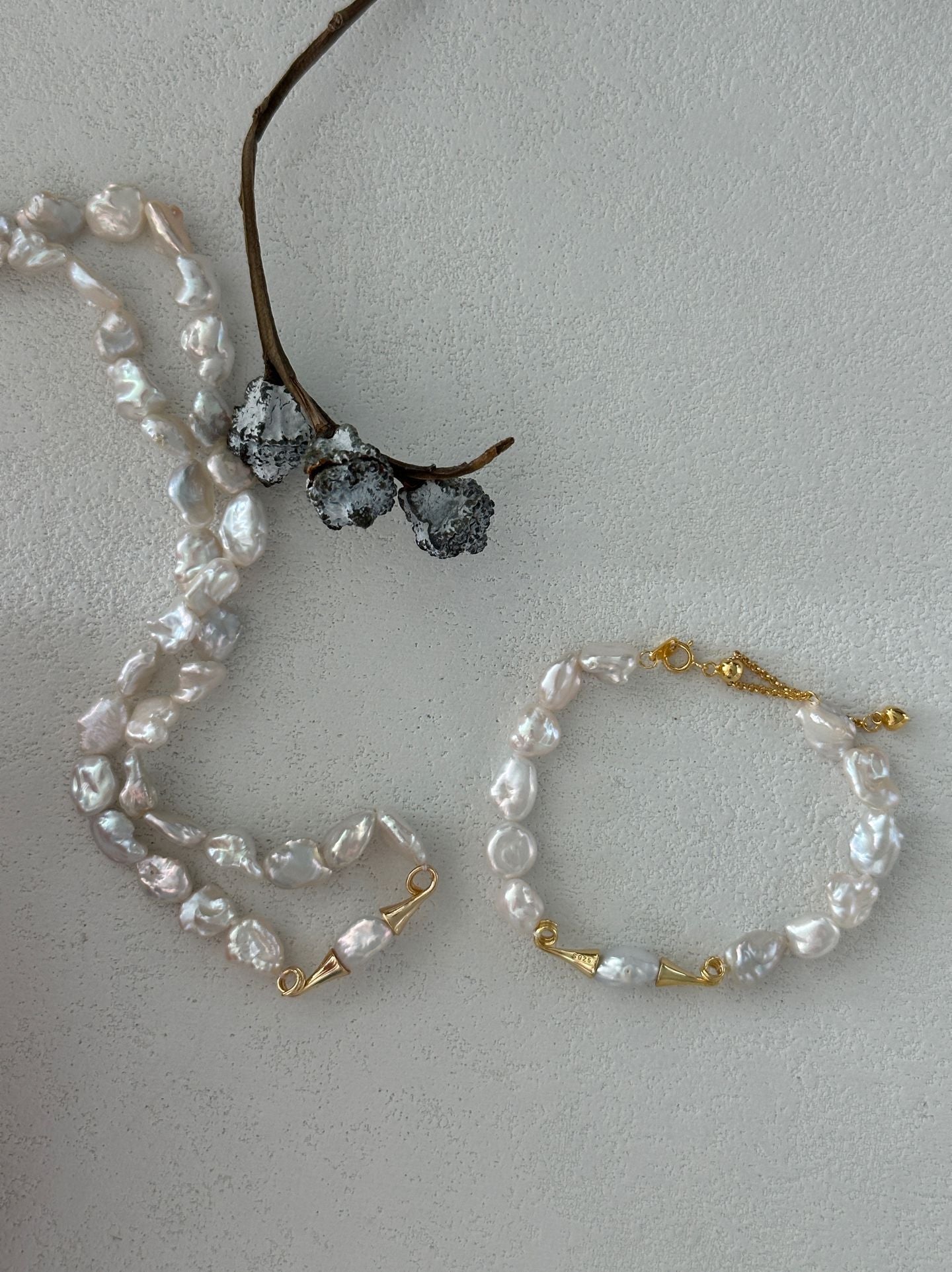 Natural baroque pearl mustache sterling silver gold-plated bracelet (long bracelet)
