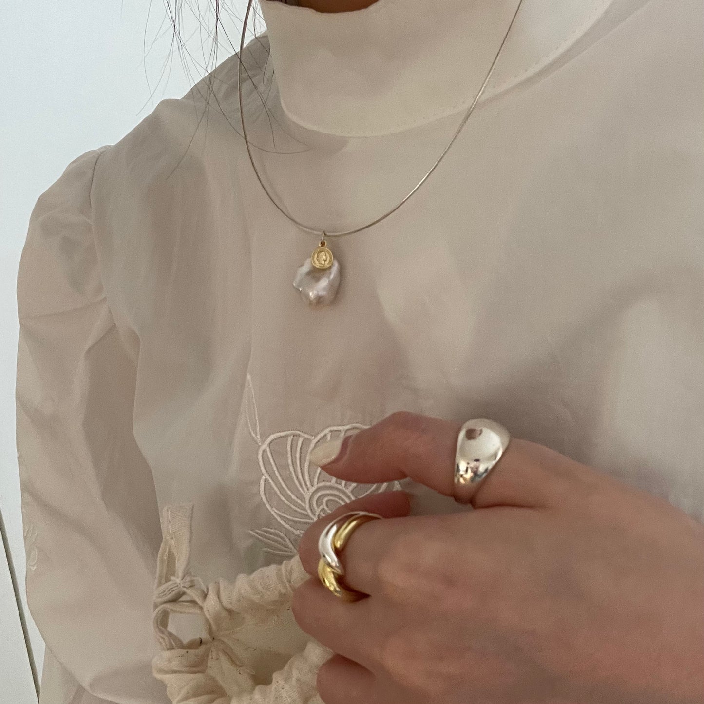 Natural large baroque pearl gold coin silver ring necklace
