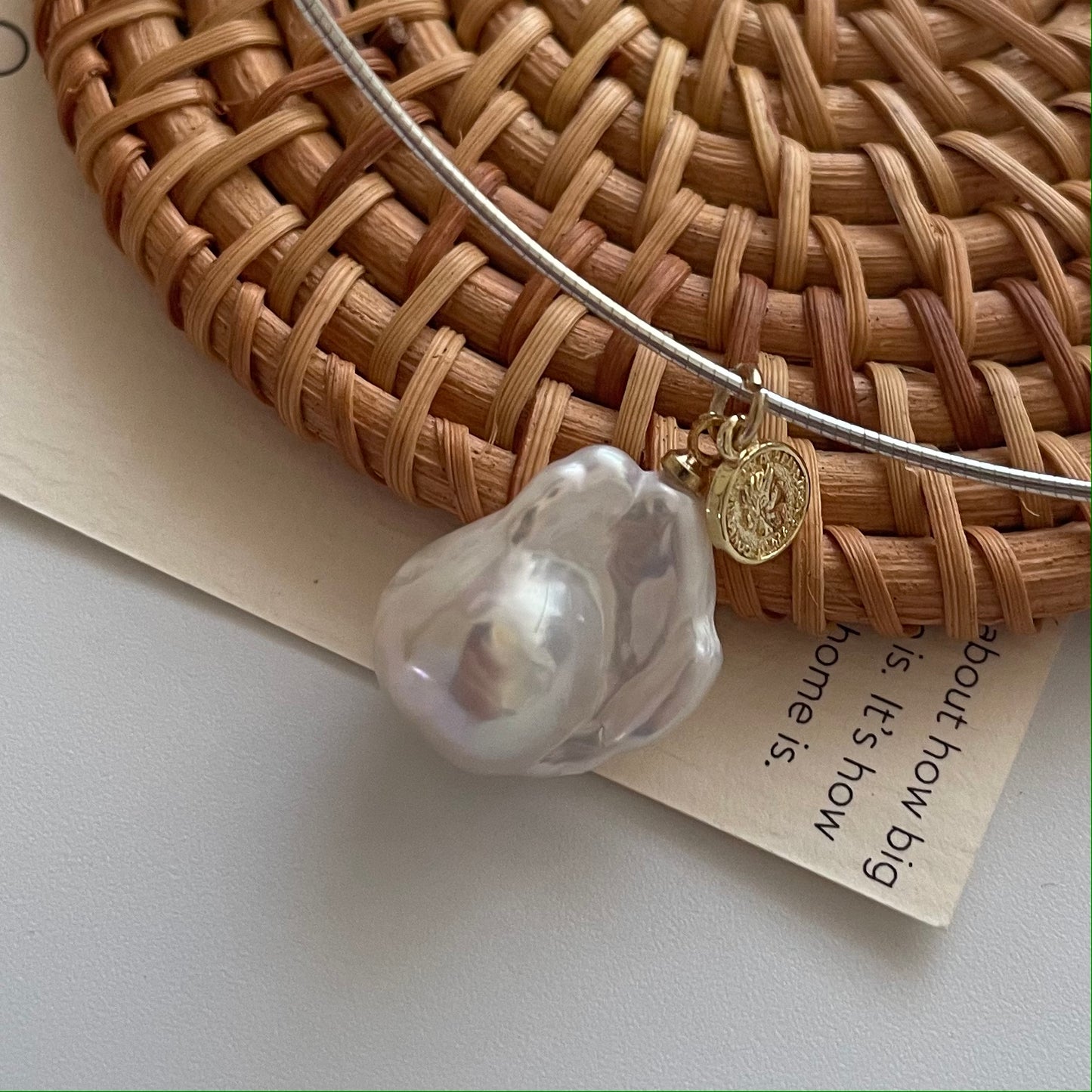 Natural large baroque pearl gold coin silver ring necklace