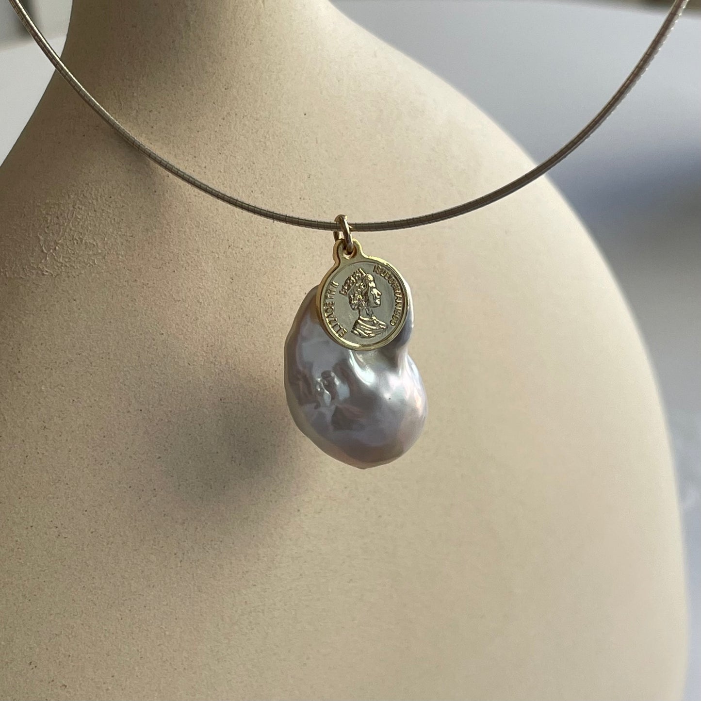 Natural large baroque pearl gold coin silver ring necklace