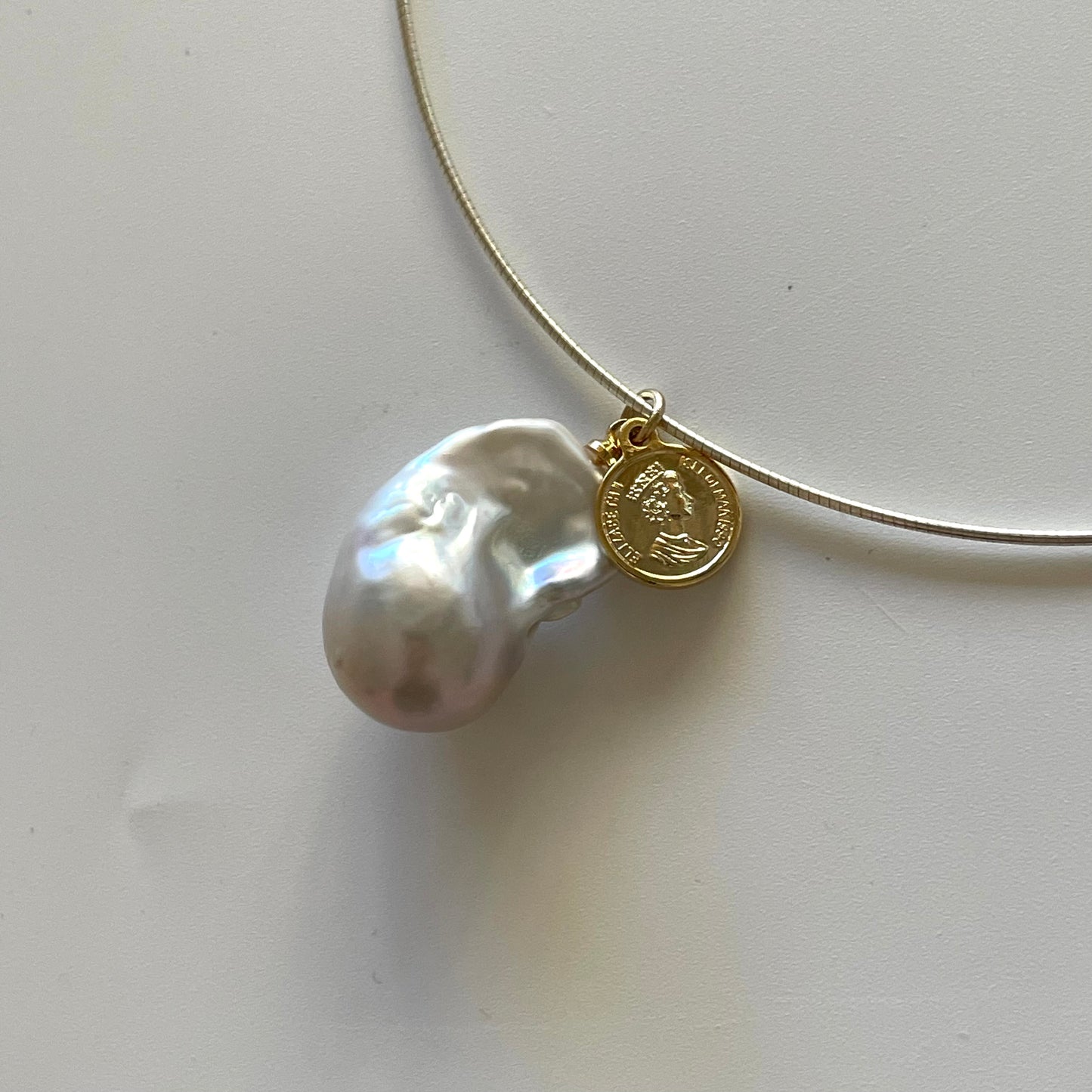 Natural large baroque pearl gold coin silver ring necklace
