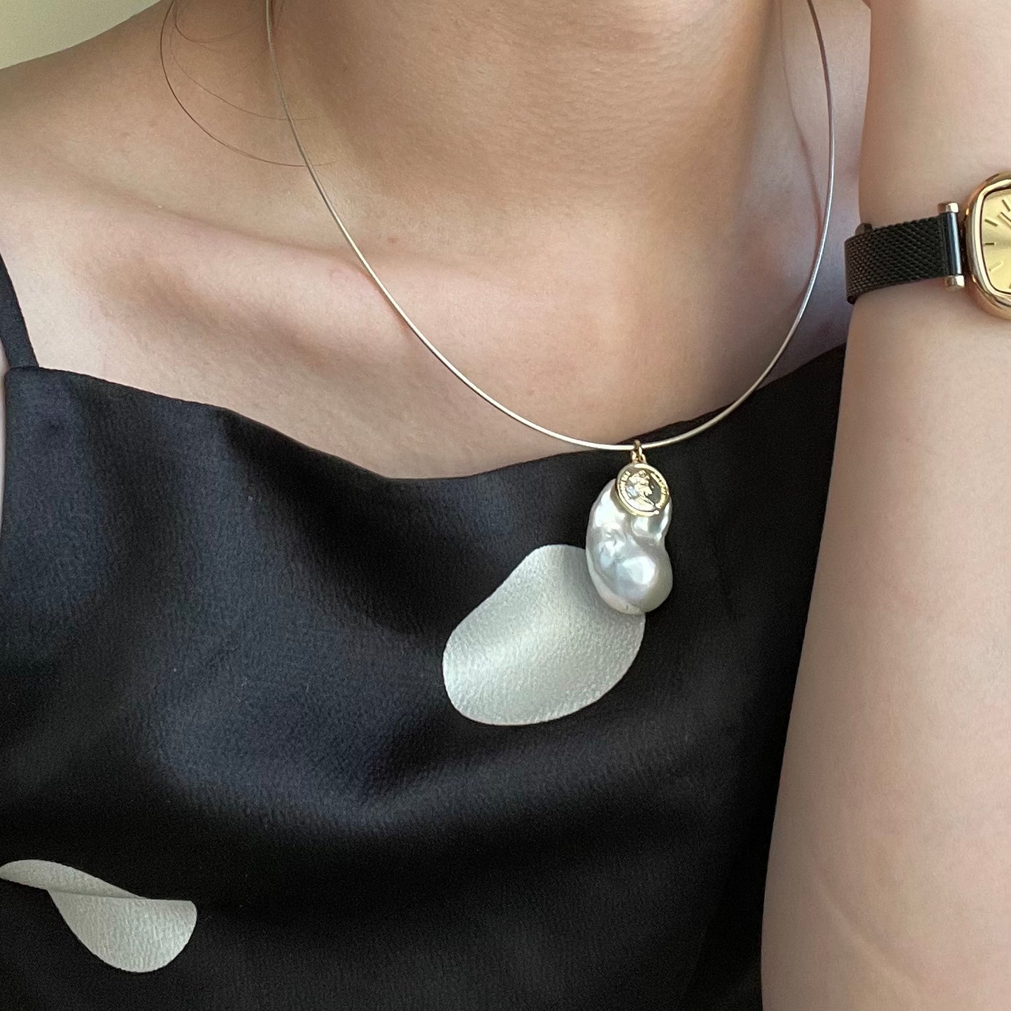 Natural large baroque pearl gold coin silver ring necklace