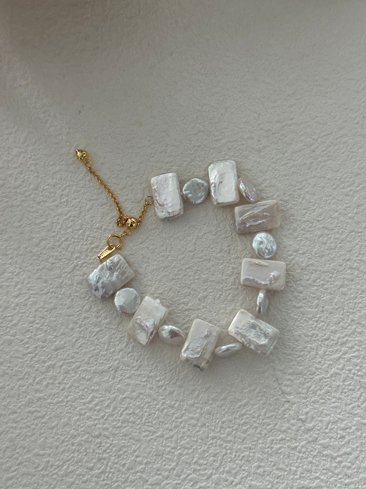 Natural square and round baroque pearl geometric sterling silver bracelet