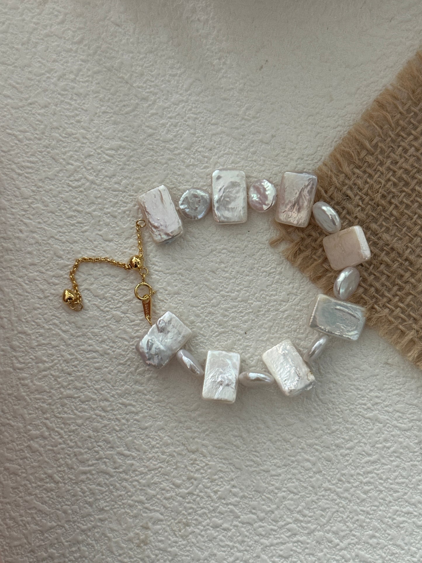 Natural square and round baroque pearl geometric sterling silver bracelet