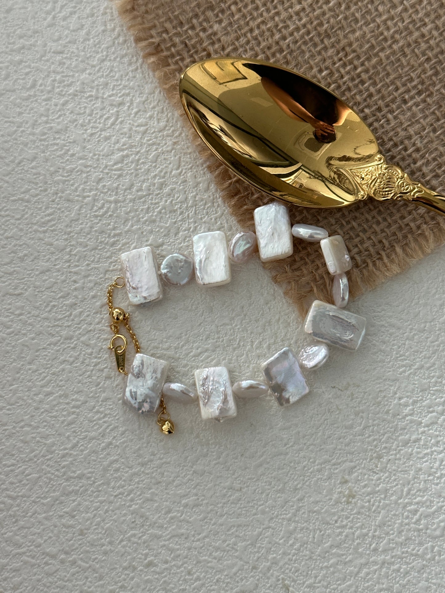 Natural square and round baroque pearl geometric sterling silver bracelet