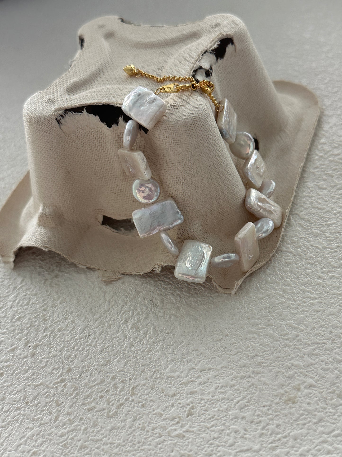Natural square and round baroque pearl geometric sterling silver bracelet