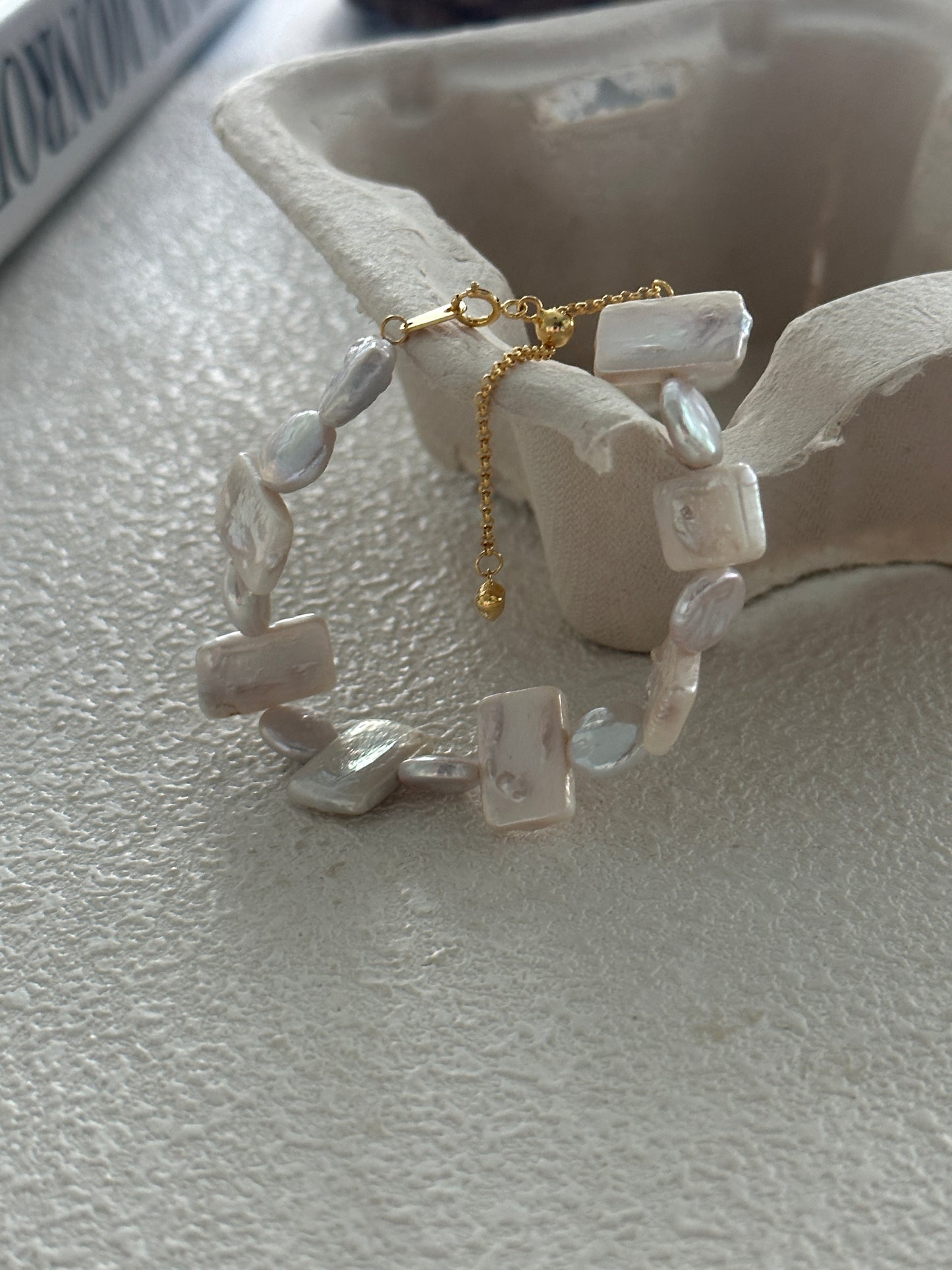 Natural square and round baroque pearl geometric sterling silver bracelet