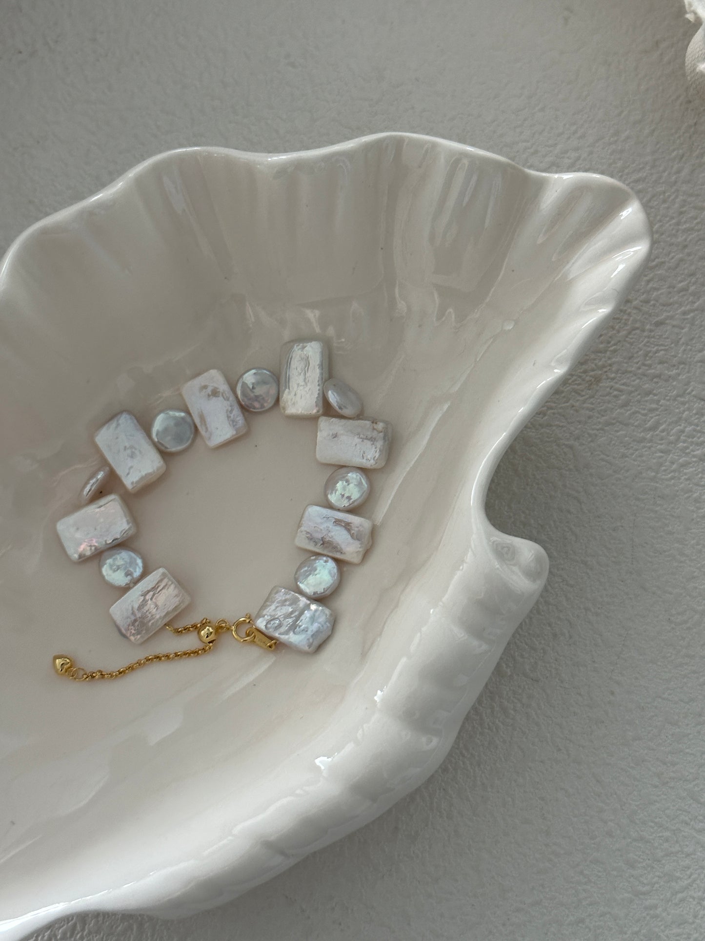 Natural square and round baroque pearl geometric sterling silver bracelet