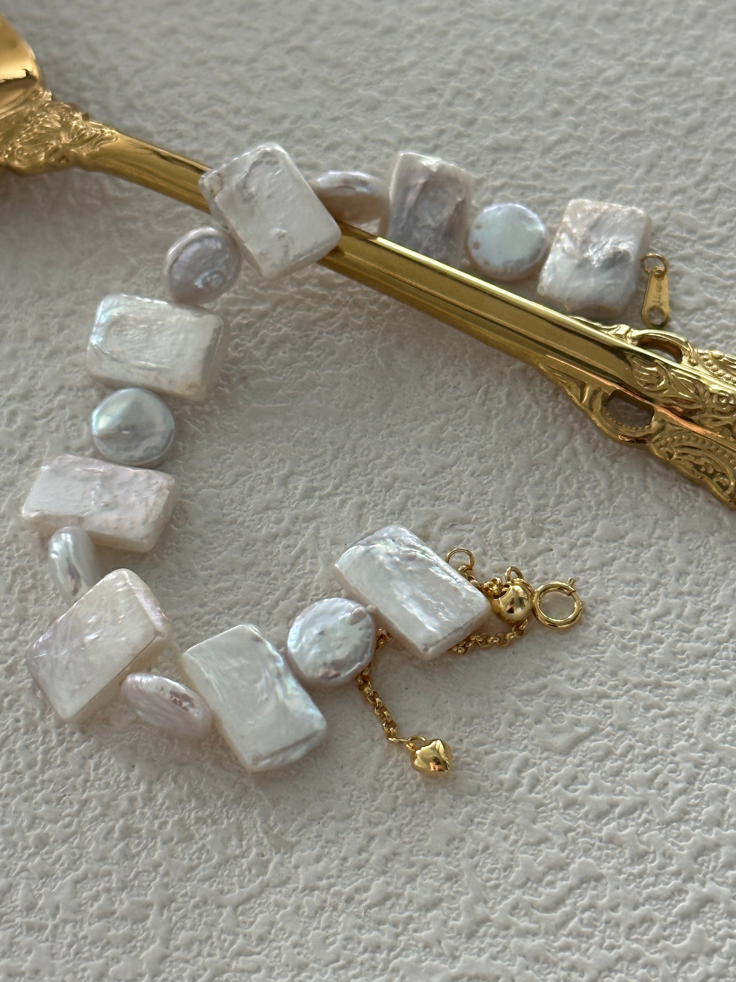 Natural square and round baroque pearl geometric sterling silver bracelet