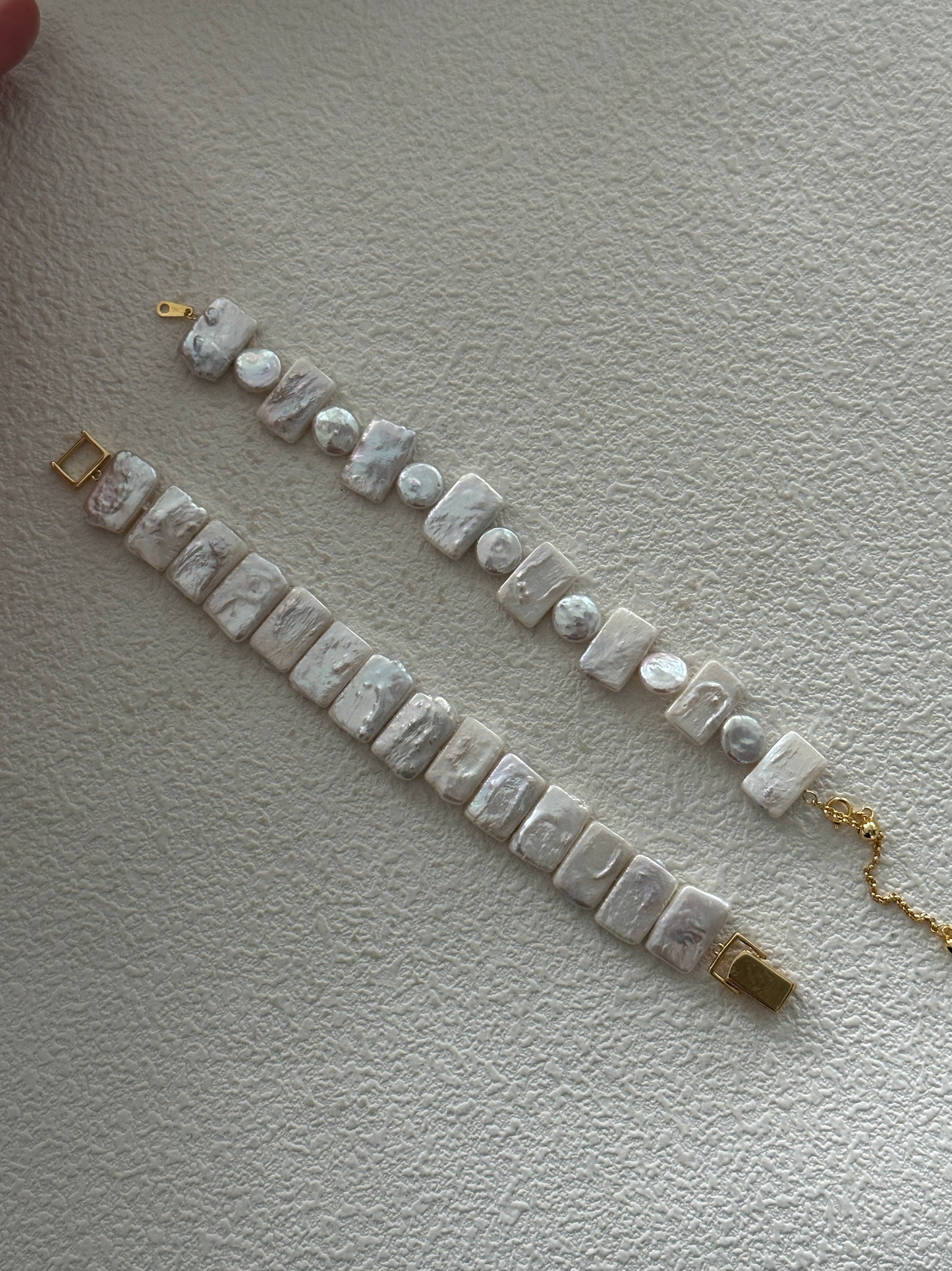 Natural square and round baroque pearl geometric sterling silver bracelet