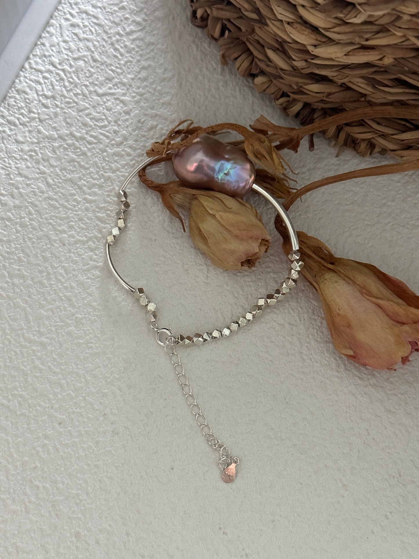 Natural colorful baroque pearl sterling silver bracelet