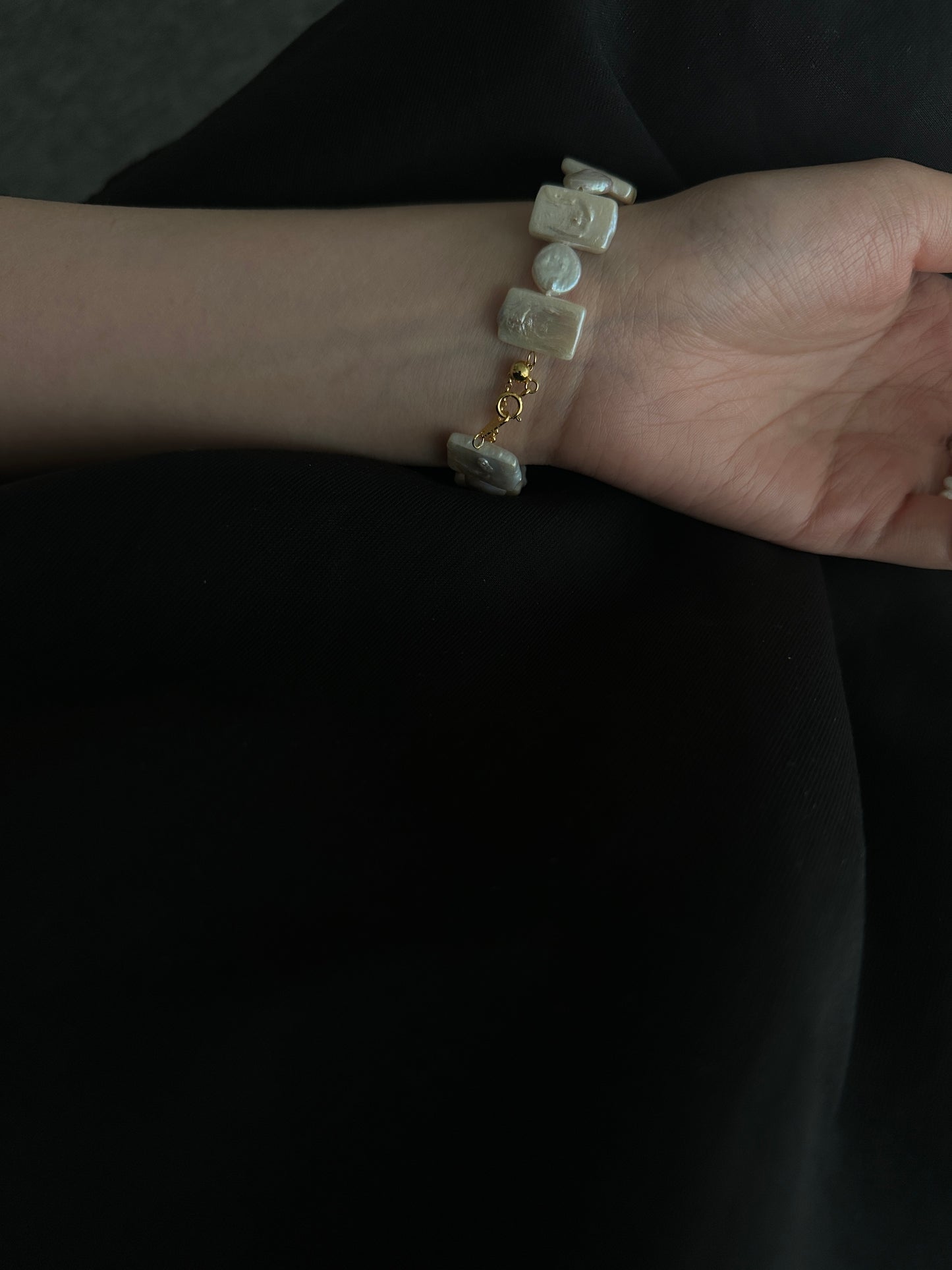Natural square and round baroque pearl geometric sterling silver bracelet