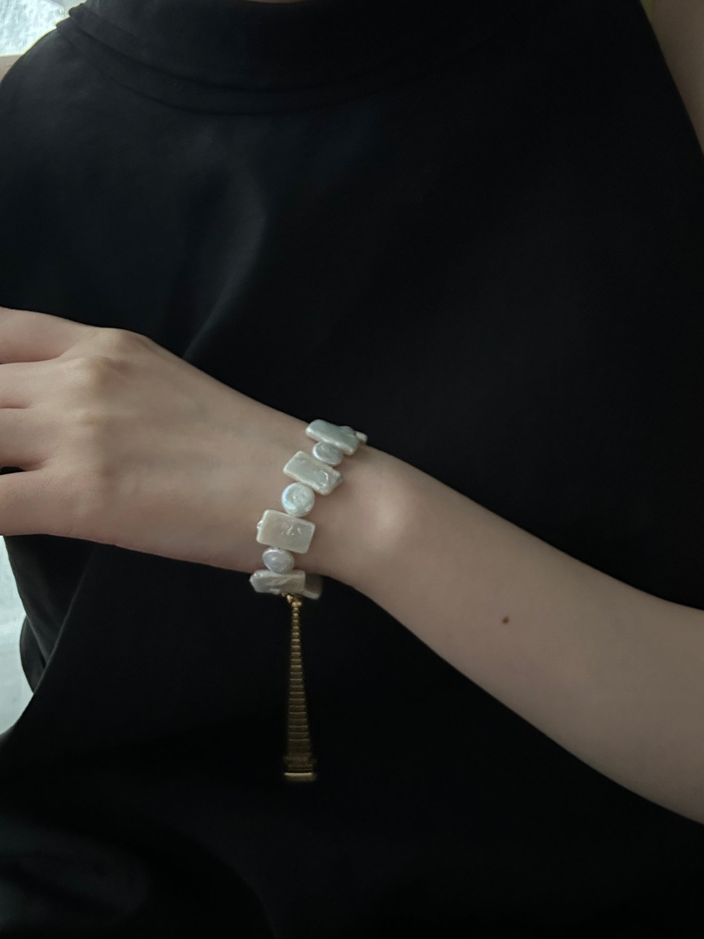 Natural square and round baroque pearl geometric sterling silver bracelet