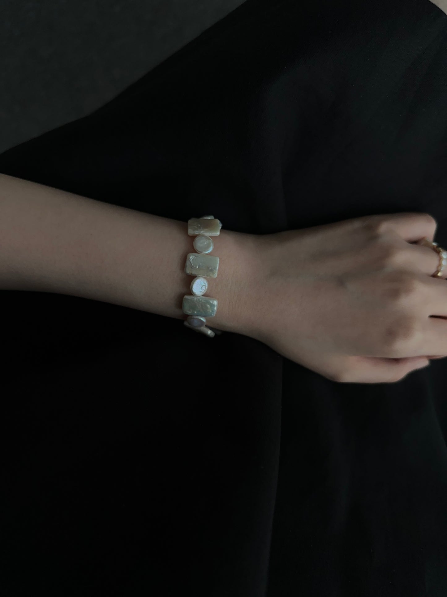 Natural square and round baroque pearl geometric sterling silver bracelet