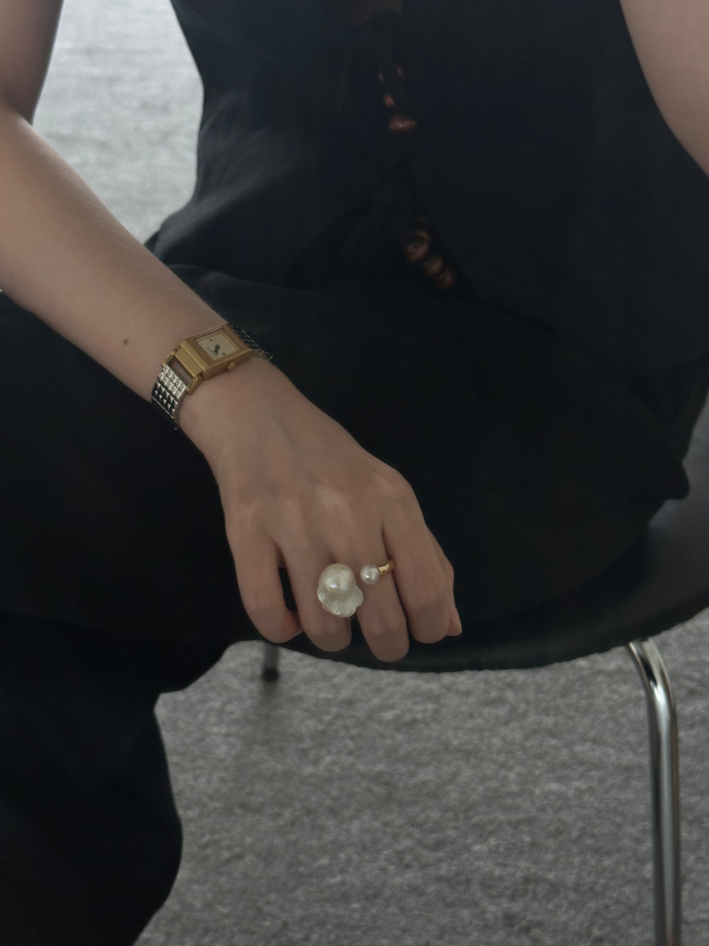 Natural super bright super large baroque pearl sterling silver plated gold ring