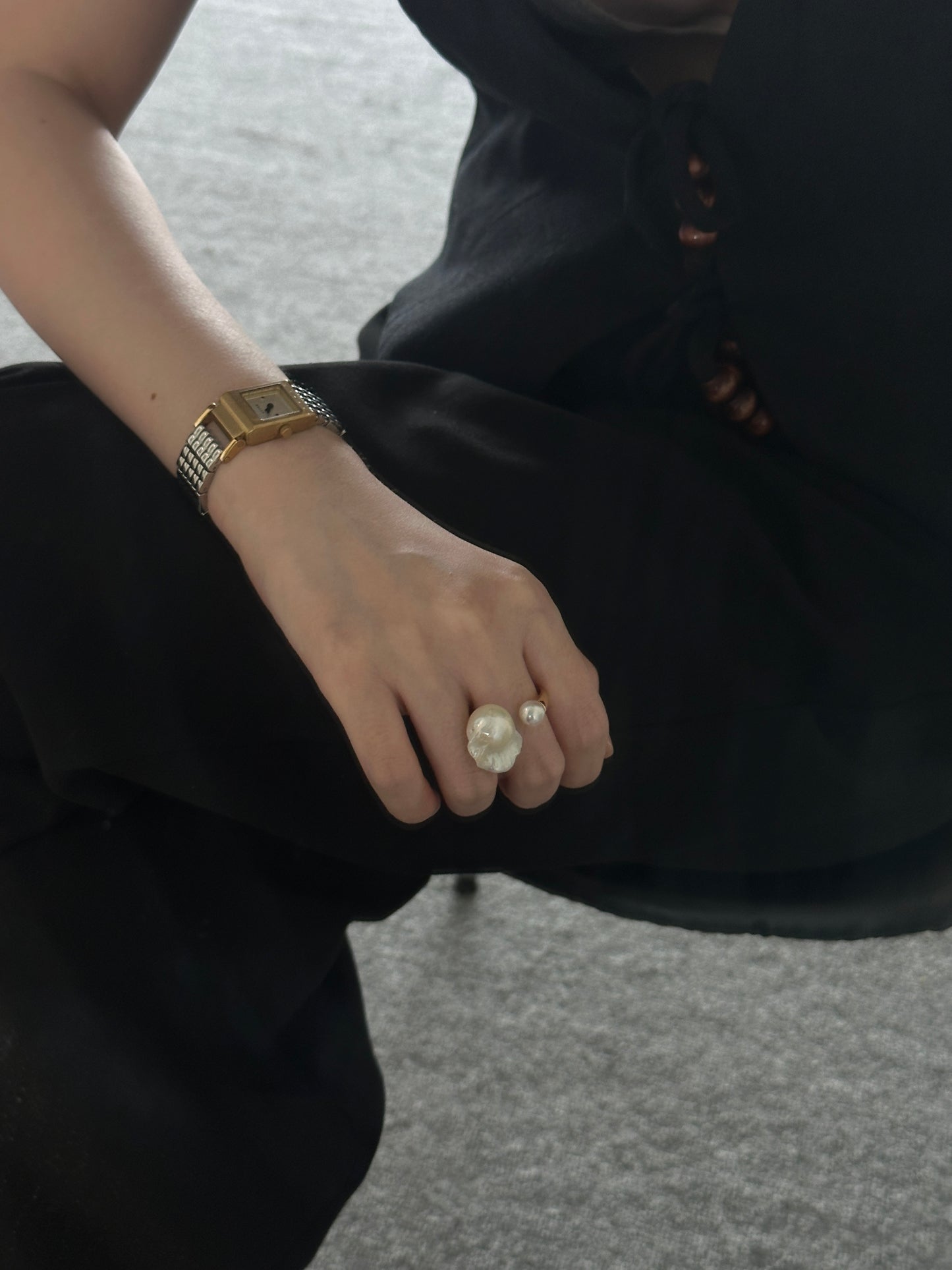 Natural super bright super large baroque pearl sterling silver plated gold ring