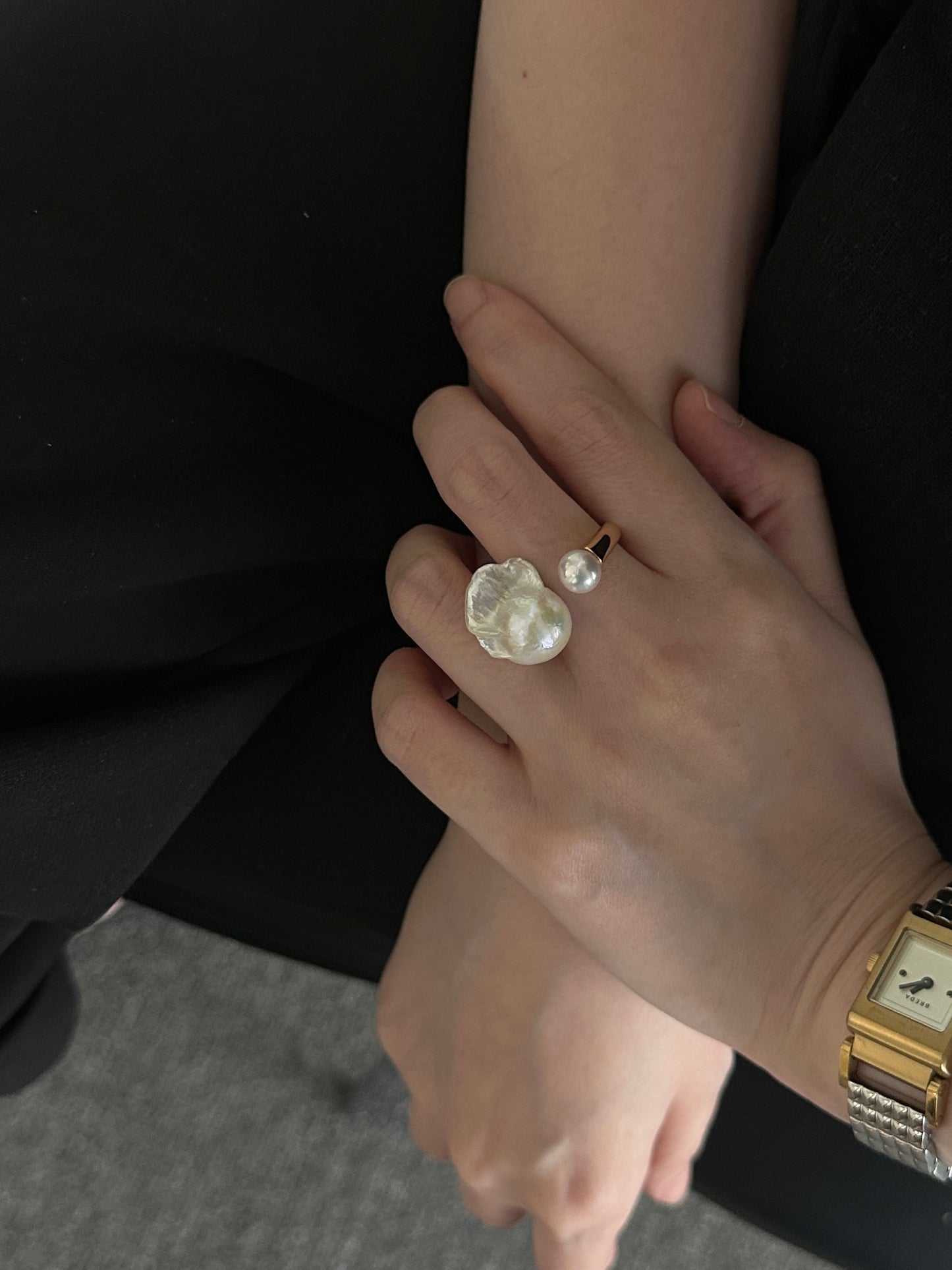 Natural super bright super large baroque pearl sterling silver plated gold ring