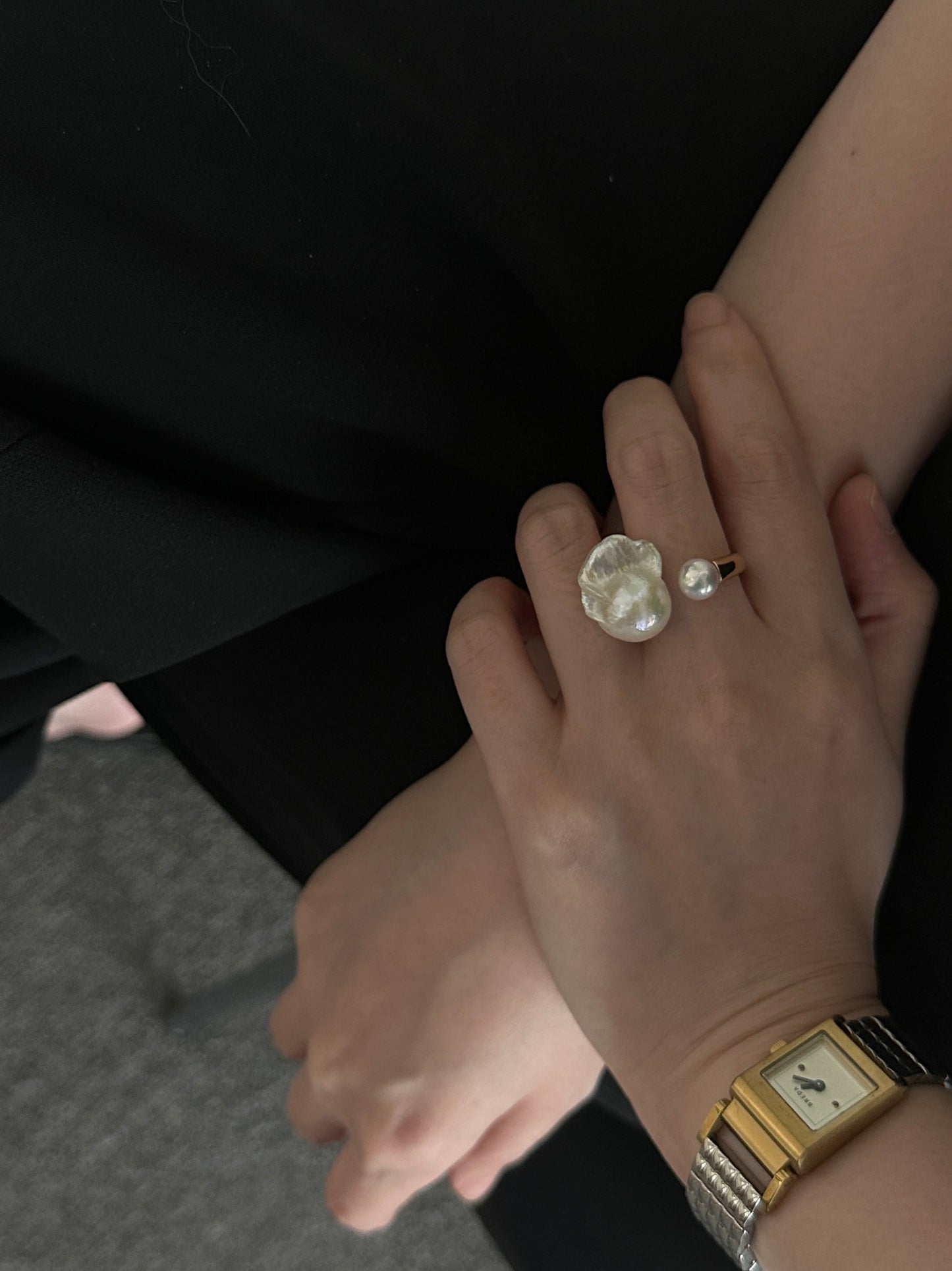 Natural super bright super large baroque pearl sterling silver plated gold ring