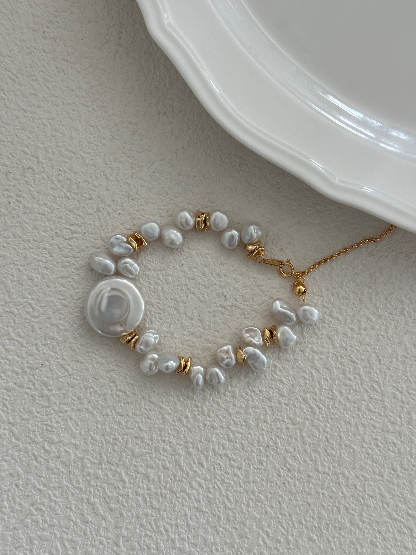 Natural Baroque disc pearl sterling silver gold-plated bracelet