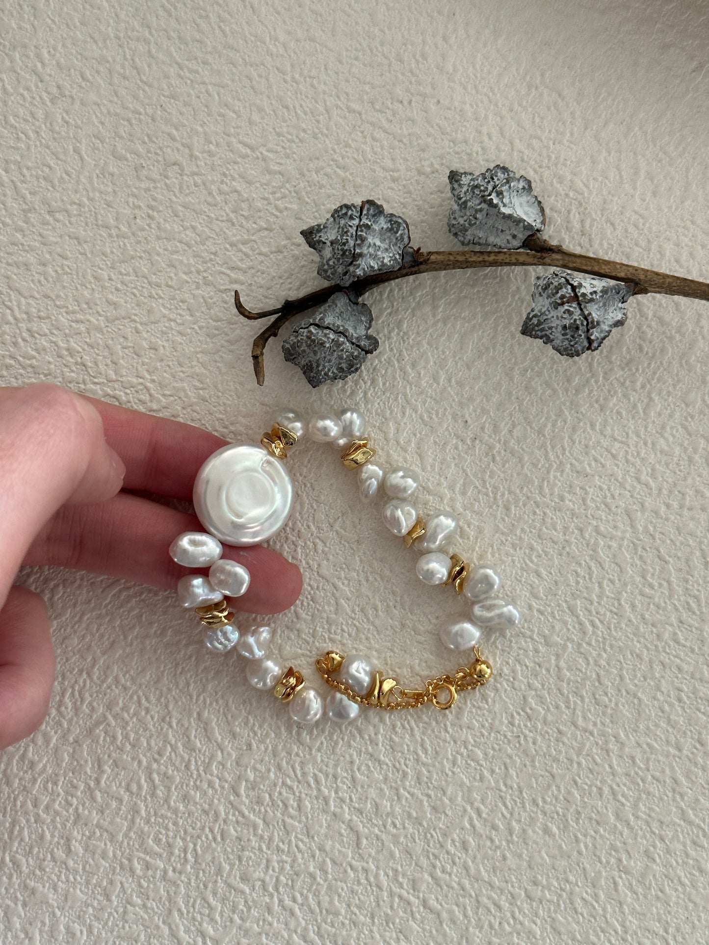 Natural Baroque disc pearl sterling silver gold-plated bracelet