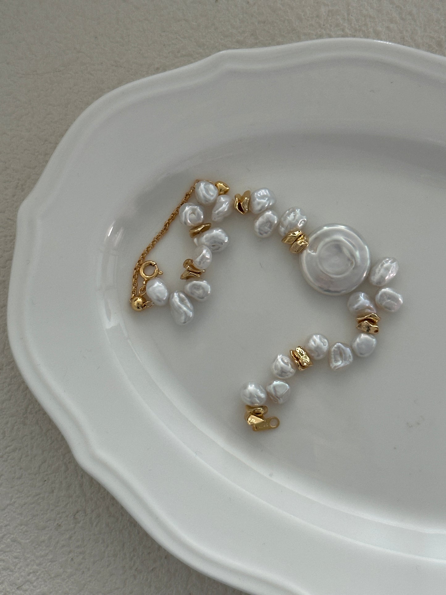 Natural Baroque disc pearl sterling silver gold-plated bracelet