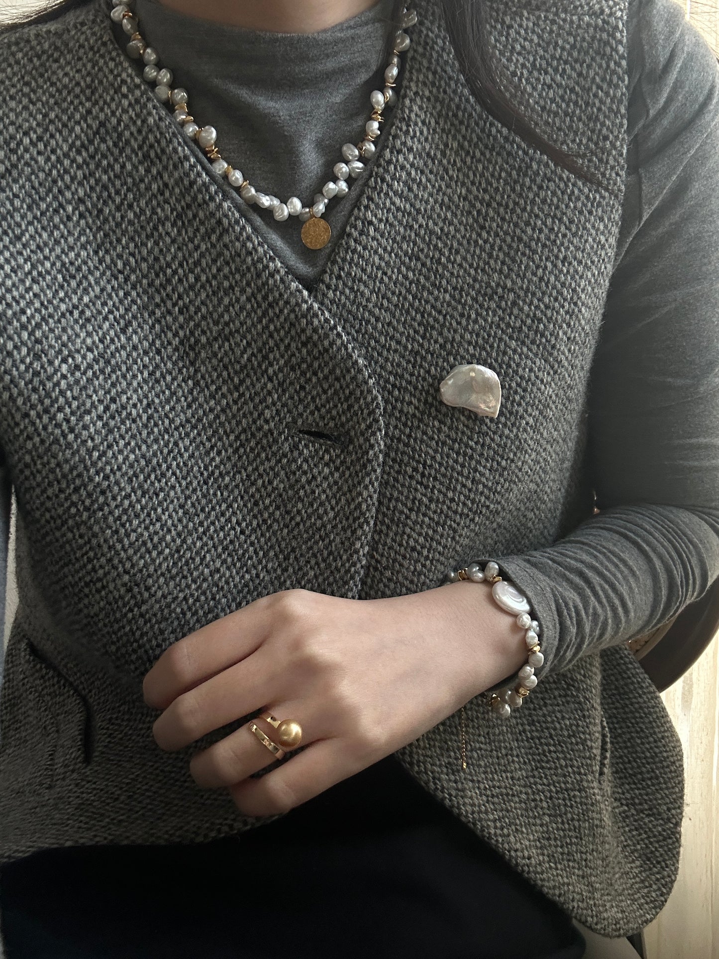 Natural Baroque disc pearl sterling silver gold-plated bracelet