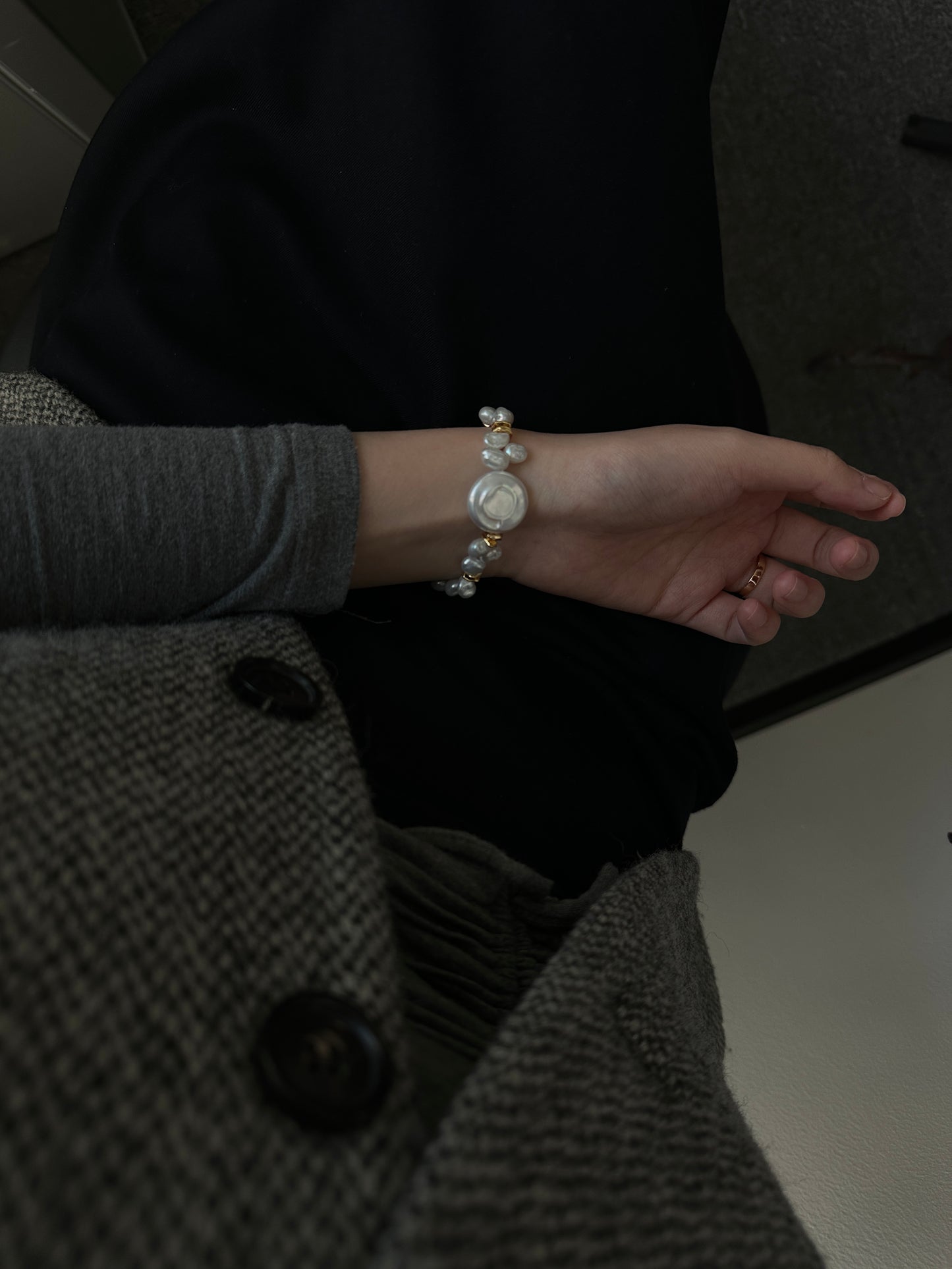 Natural Baroque disc pearl sterling silver gold-plated bracelet