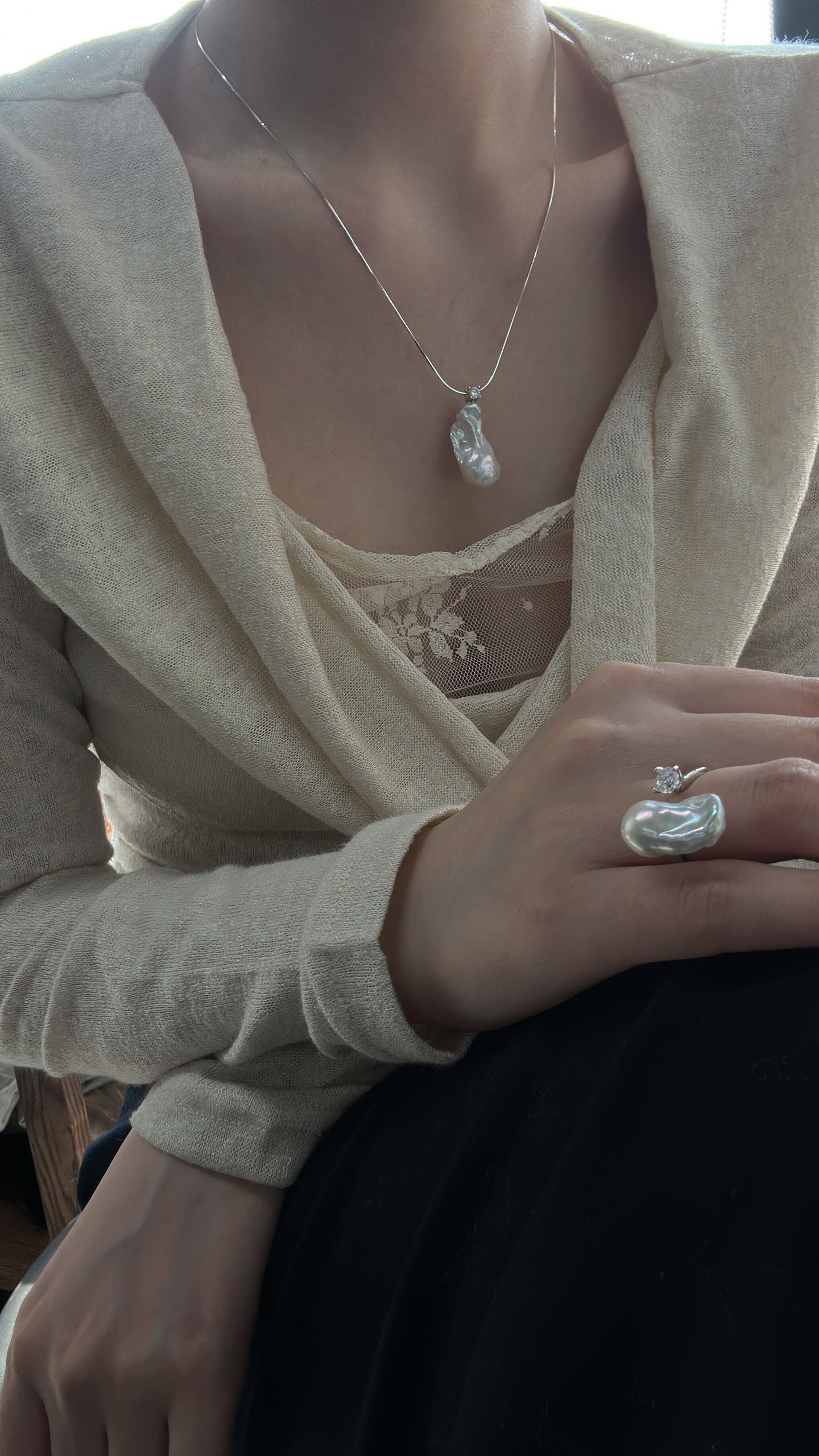 Natural super bright super large baroque pearl sterling silver ring