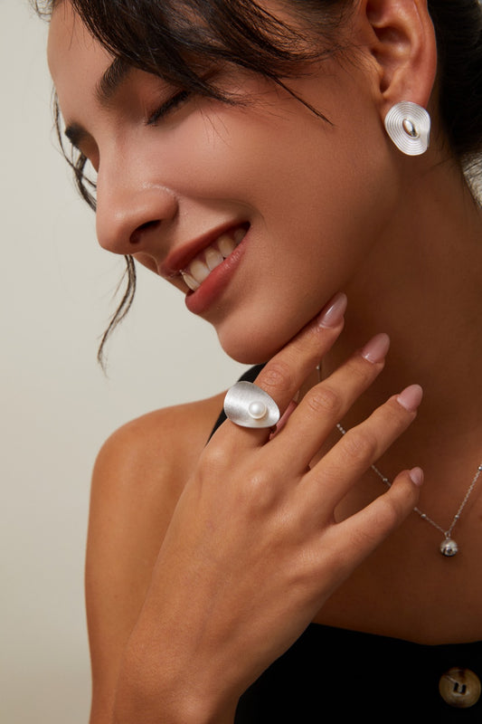 Niche Design Series Brushed Silver Pearl Ring