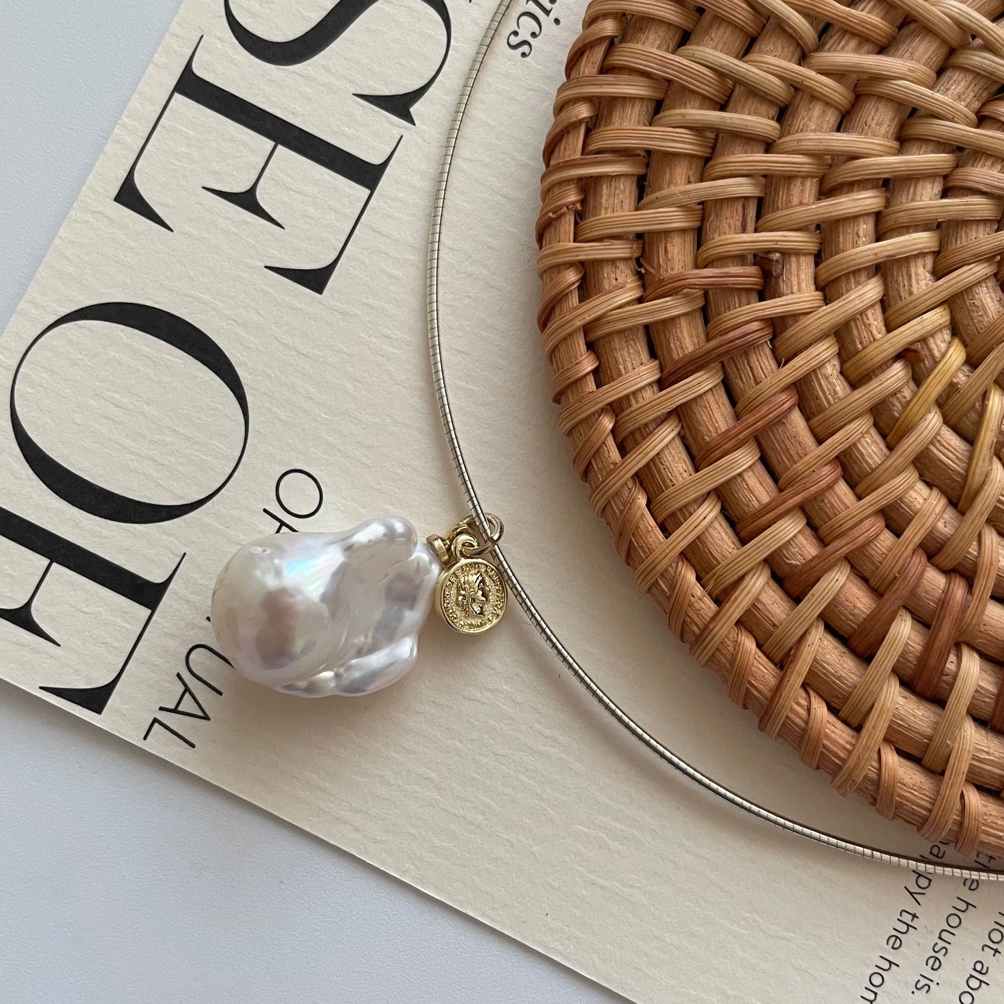 Natural large baroque pearl gold coin silver ring necklace