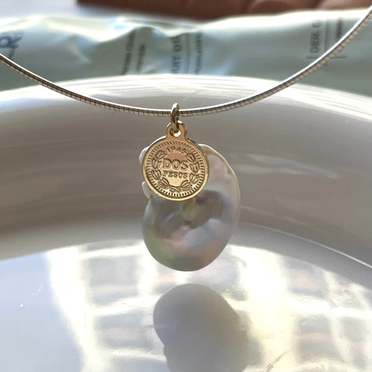 Natural large baroque pearl gold coin silver ring necklace