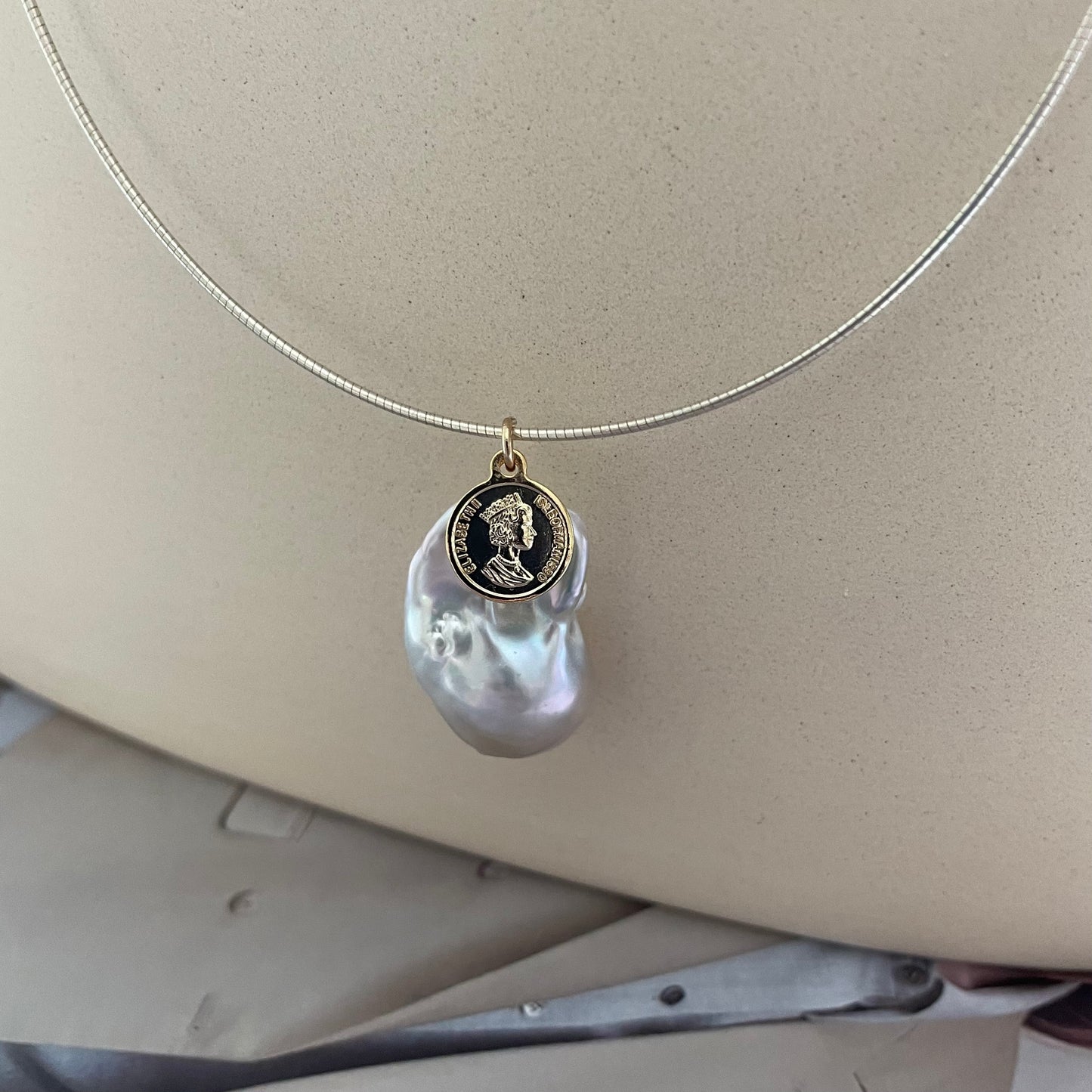 Natural large baroque pearl gold coin silver ring necklace