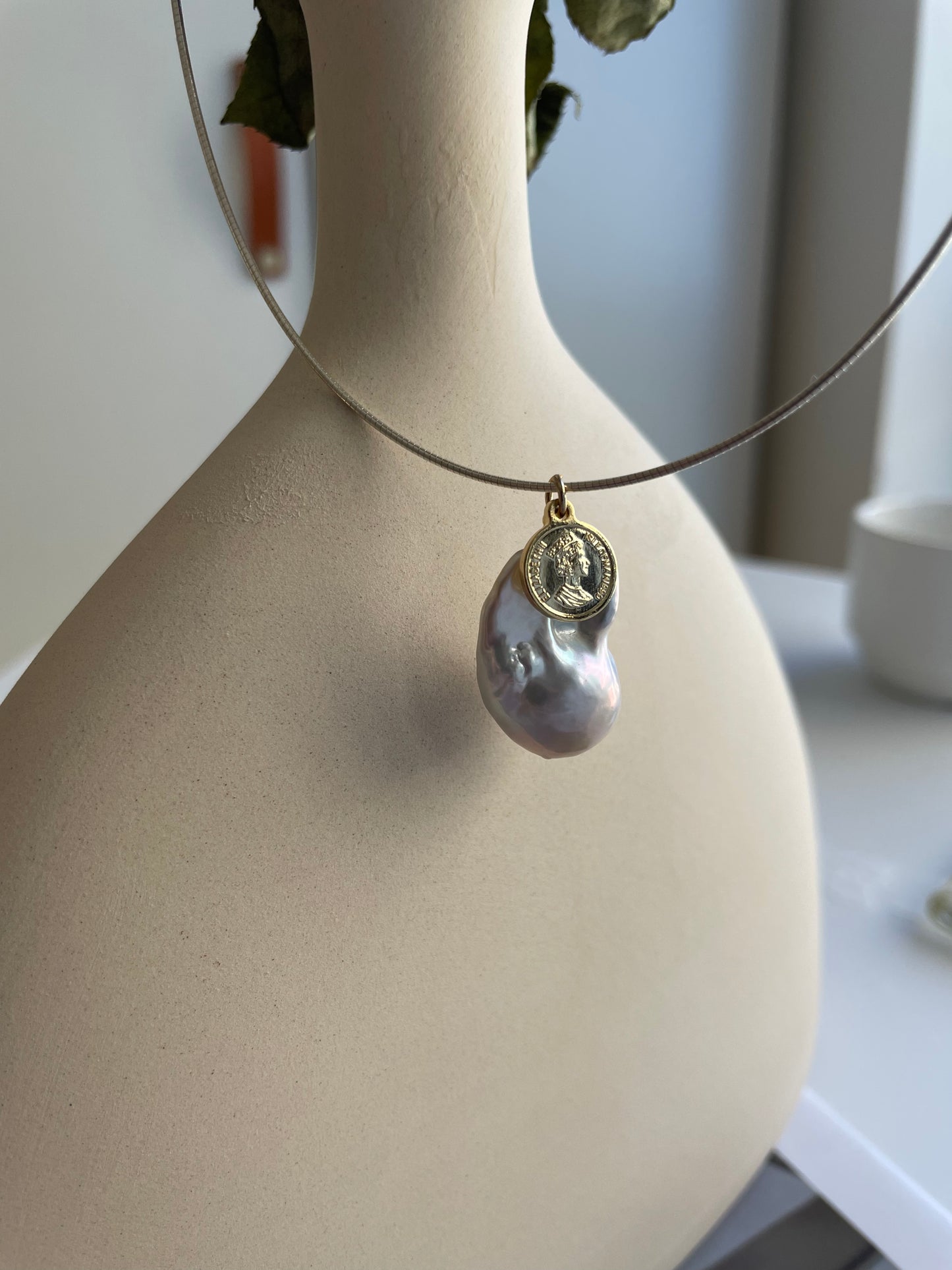 Natural large baroque pearl gold coin silver ring necklace