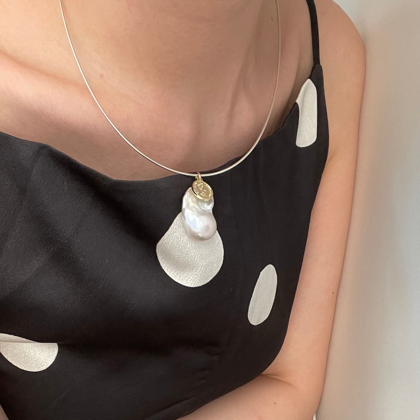 Natural large baroque pearl gold coin silver ring necklace
