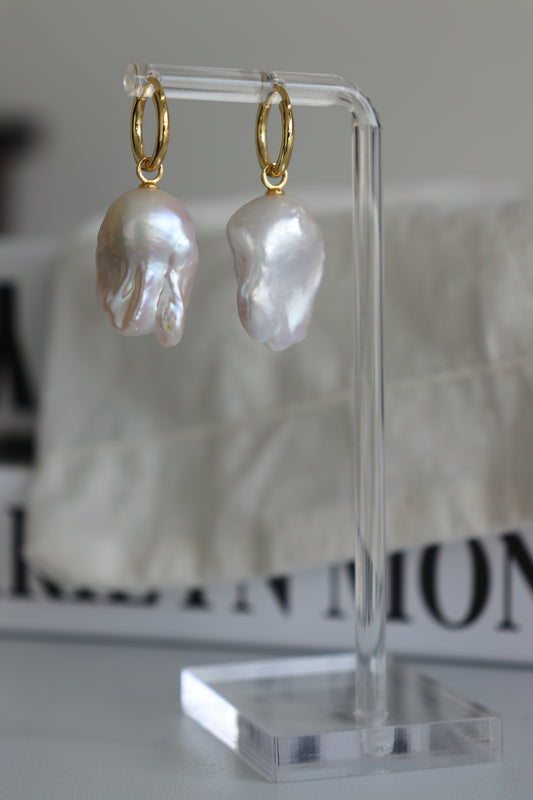 Natural super bright and large baroque pearl sterling silver hanging earrings