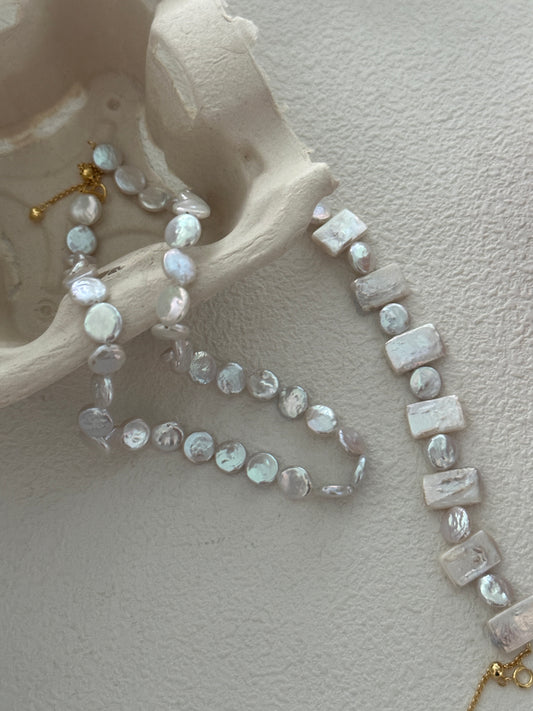 Natural square and round baroque pearl geometric sterling silver bracelet
