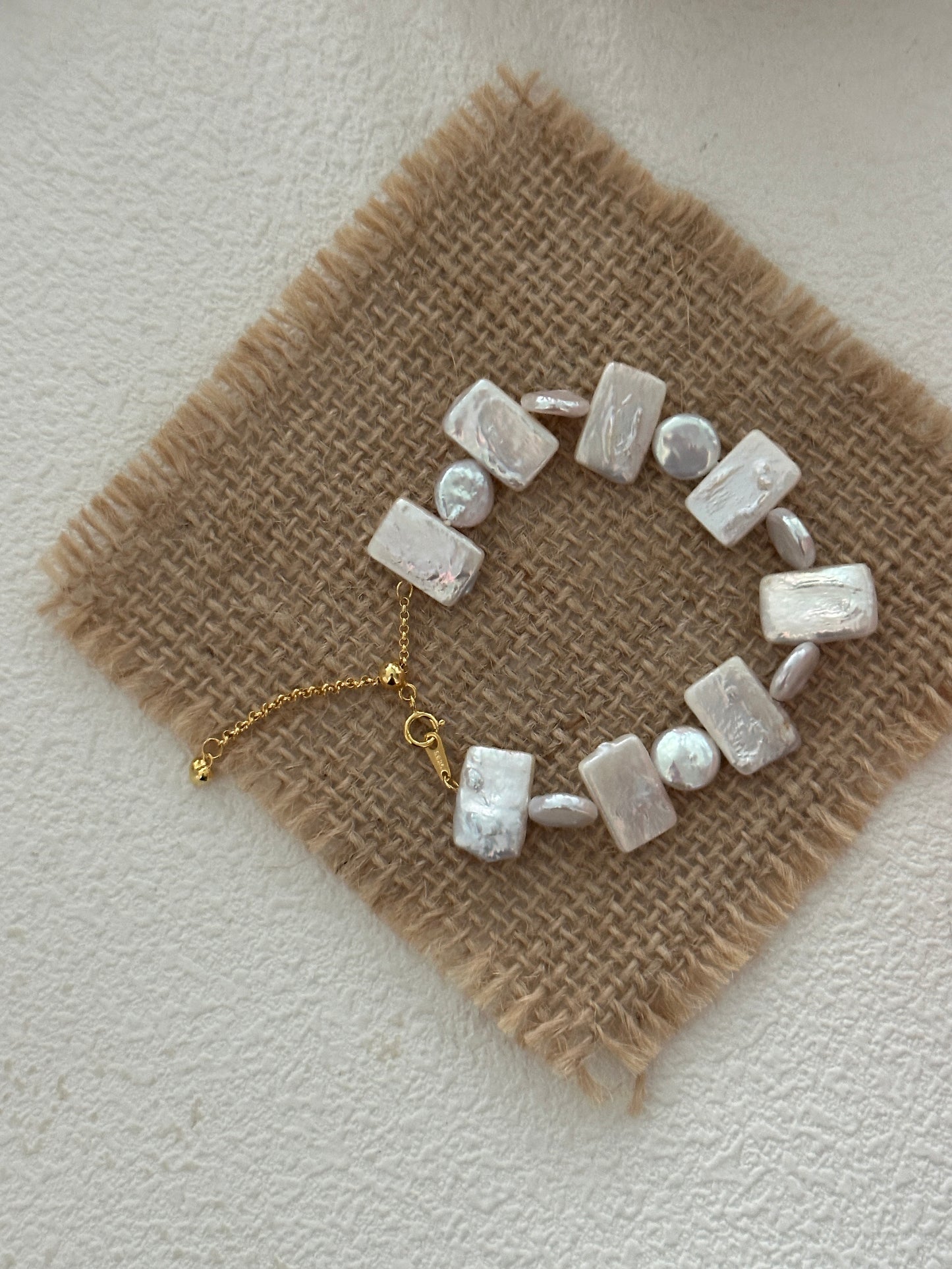 Natural square and round baroque pearl geometric sterling silver bracelet