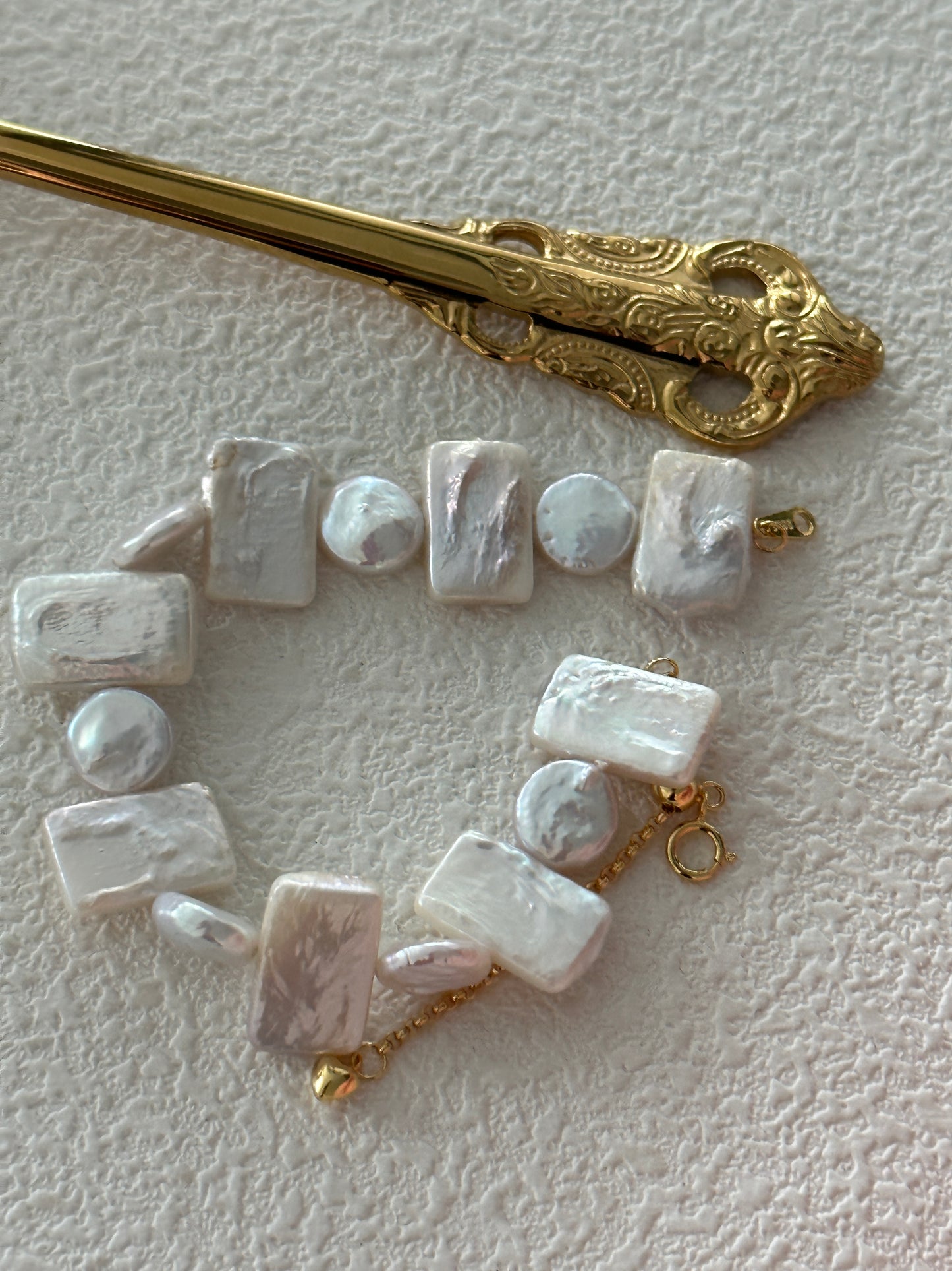 Natural square and round baroque pearl geometric sterling silver bracelet
