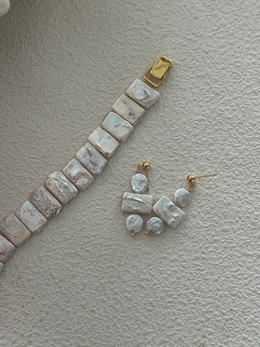 Natural super bright square and round baroque pearl sterling silver earrings