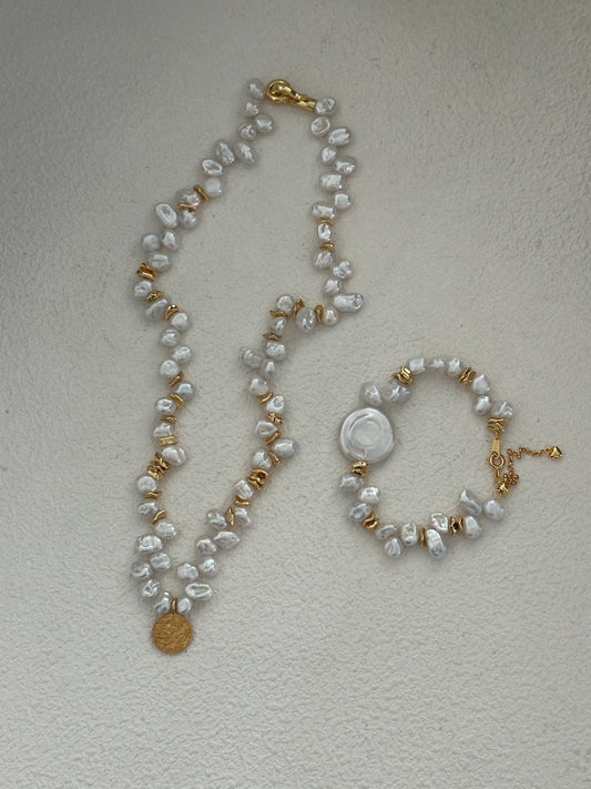 Natural Baroque disc pearl sterling silver gold-plated bracelet