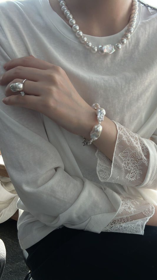 Natural super bright super large baroque pearl sterling silver ring